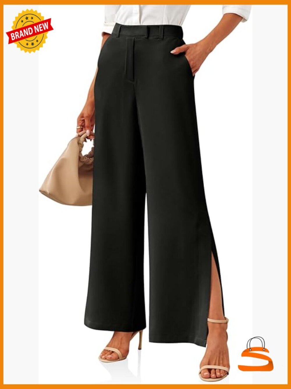 Side Split Dress Pants Elastic High Waisted Wide Leg Business Casual Trousers